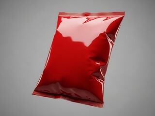 A crumpled red plastic packet viewed from above on a gray surface, capturing the texture and folds of the material.