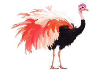 Colorful ostrich with pink head and orange feathers isolated on transparent background. Magnificent ostrich full body isolated on white background.