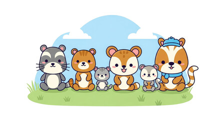 Obraz premium A group of cartoon animals sitting on green grass in a sunny meadow with a blue sky