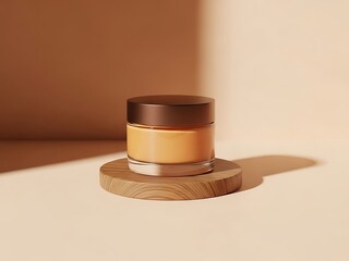 A cosmetic jar placed on a wooden platform casting a shadow, viewed from the front in a beige environment.