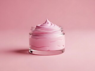A dollop of pink cream in a clear glass jar on a soft pink background from a front view.