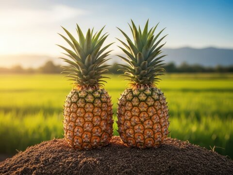 Two pineapples sitting on a pile of soil in a lush green field at sunset