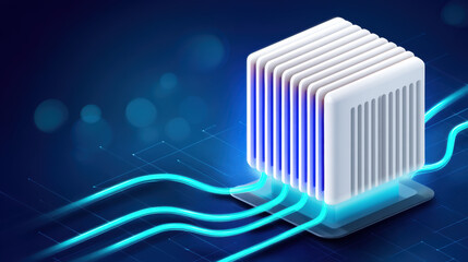 Futuristic ai cube processing digital energy with glowing blue data lines