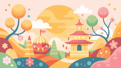 Vibrant japanese garden with cherry blossoms and traditional pagoda Vector