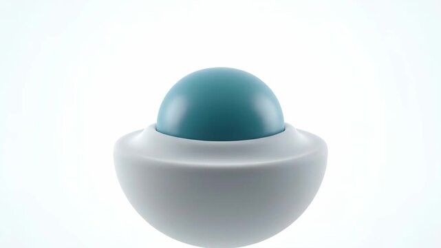 A clean 3D animation of a teal sphere interacting with a white half-sphere, symbolizing unity and transformation.