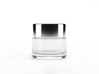A clear glass cup with a reflective metallic rim sits on a white surface viewed from the front.