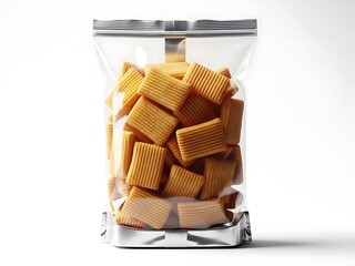 A transparent resealable bag filled with light brown cuboid cookies on a plain white surface viewed from the front