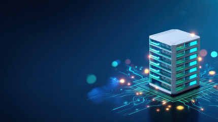 Futuristic ai server emitting digital energy on blue circuit board background