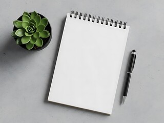 A spiral notebook with a pen and a small succulent plant beside it on a gray surface viewed from above