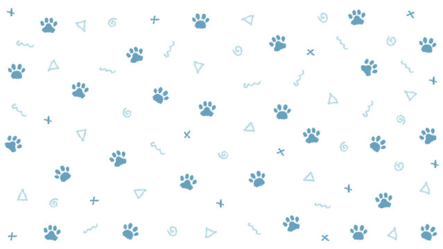 Blue cute paw prints seamless pattern with abstract doodle elements on white background
