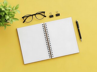 Open notebook with blank pages and office supplies on a bright yellow desk viewed from above
