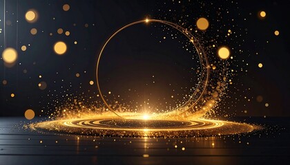 黒背景にスポットライトを浴びる黄金の光の輪とキラキラ輝くステージのパーティクル背景