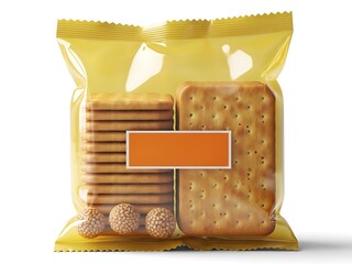 A packet of assorted crackers and cookies packaged in a yellow resealable bag with an orange label