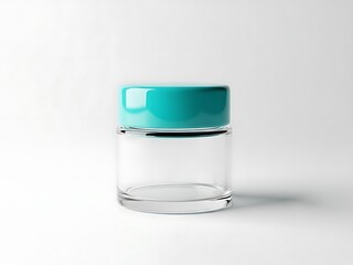 A clear glass jar with a teal lid on a white surface viewed from the front with a slight shadow