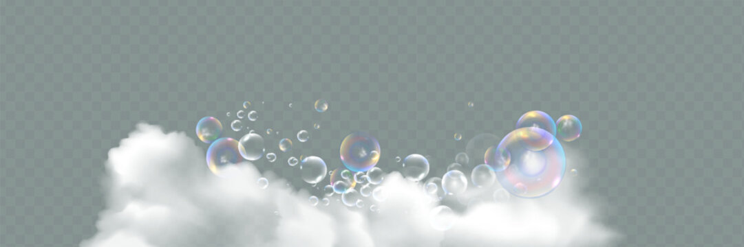 Bath foam with shampoo bubbles isolated on a transparent background. Vector shave, foam mousse with bubbles top view template for your advertising design.
