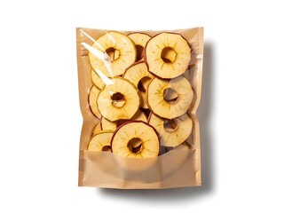 Dried apple slices packed in a brown paper bag viewed from directly above on a white surface