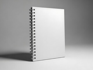 A spiral-bound notebook stands upright on a surface with a subtle shadow cast beside it in a studio setting viewed from the front