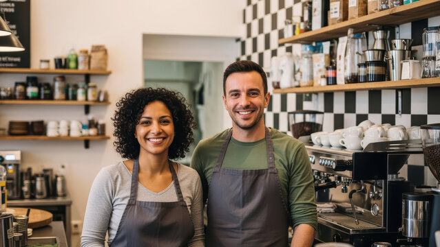 Two warehouse workers, a male and a female, wearing aprons standing inside a coffee shop with shelves.