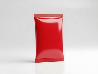 A bright red packet standing upright on a white surface with a soft shadow and subtle reflection.