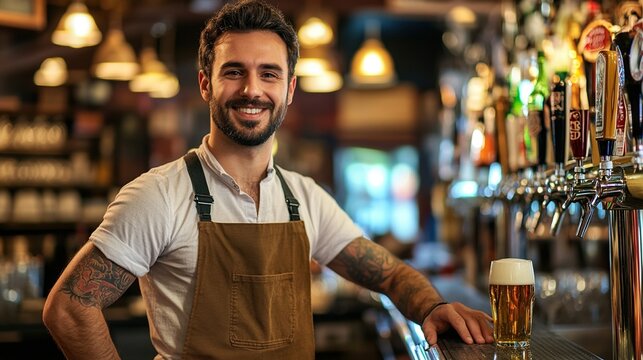 establishment. Tattooed bartender at work behind the counter, holding a beer glass in a cozy pub. bar promotions, beverage menus, designed for food & beverage menus and cafe branding.
