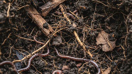Fototapeta premium A close-up view of earthworms and various organic debris in soil