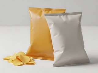 Close-up shot of potato chips in yellow and white bags on a plain white surface with a clean backdrop viewpoint