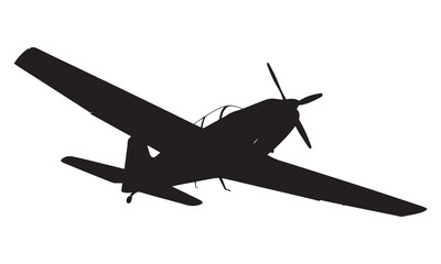 Black silhouette of a propeller airplane in flight, angled view, isolated on white.