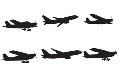 Six black airplane silhouettes in various poses and types on a white background.