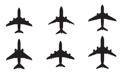 Collection of six jet airplane silhouettes viewed from above, showcasing different models.