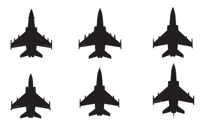 Collection of six black silhouettes of fighter jets from a top-down perspective.