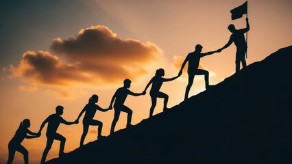 Fototapeta premium A group of young professionals from diverse ethnic backgrounds help each other climb a hill at sunset.