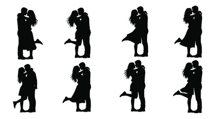 Fototapeta premium Silhouettes of couples embracing and dancing in various romantic poses