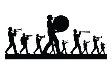 Silhouette of musicians playing brass instruments and drums
