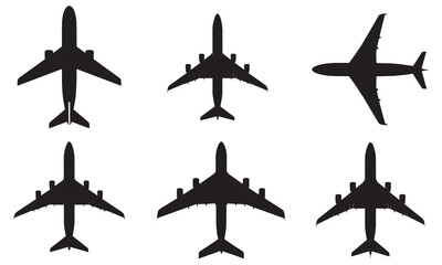 Set of six diverse black airplane silhouettes from a top-down perspective