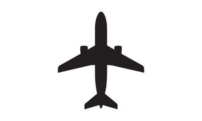 Single black silhouette passenger airplane on a white background