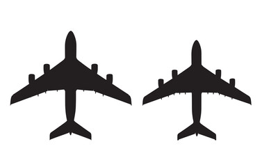 Two black silhouette passenger airplanes of different sizes on white background