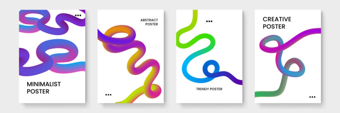 Collection of creative posters with neon gradient wavy tubes and minimalist typography