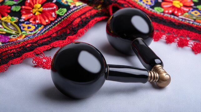 castanets. A pair of polished black castanets resting on an embroidered skirt. event programs, museum guides, designed for cultural heritage projects and event programs, used by e-commerce operators.