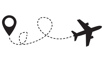 Airplane icon with dashed flight path and location pin, symbolizing travel.