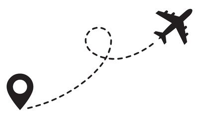 Airplane icon with dashed flight path and location pin, symbolizing travel.