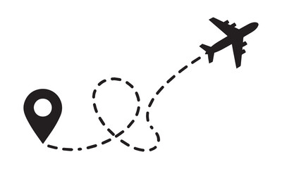 Airplane silhouette on a dashed route from a location pin, travel and journey concept