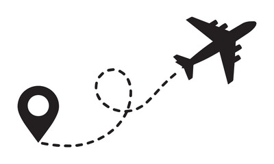 Airplane flying on a dotted line route from a location pin icon