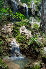 Beautiful small waterfall cascading down mossy limestone rocks in a lush tropical forest. Tranquil nature scene with crystal clear water stream flowing through dense green jungle foliage.