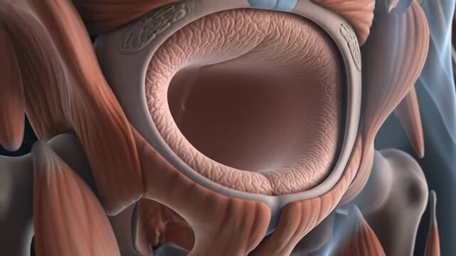 A close-up 3D animation illustrating the intricate internal structure of the human bladder and pelvic region.