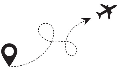 Airplane flying with arrow on a dotted line route from a location pin