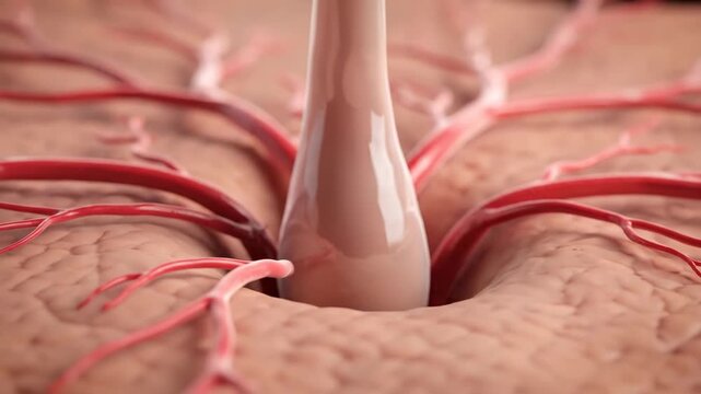 A close-up 3D animation illustrating the intricate process of hair growth within the dermis layer of skin, showing blood vessels nourishing the follicle.