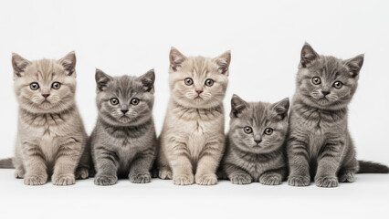 Five adorable anthropomorphic kittens dressed formally posing together indoors on a surface