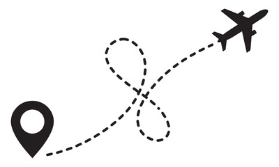 Airplane flying and leaving a dotted line path from a location pin.