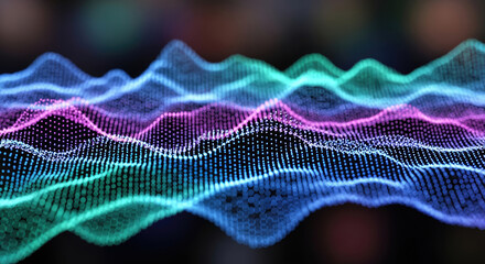 A vibrant digital waveform with colorful neon lines and a dark background