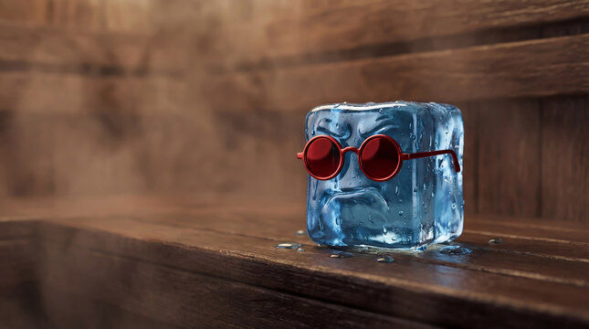 A funny anthropomorphic ice cube with a grumpy face and red glasses sits on a wooden bench in a hot sauna
